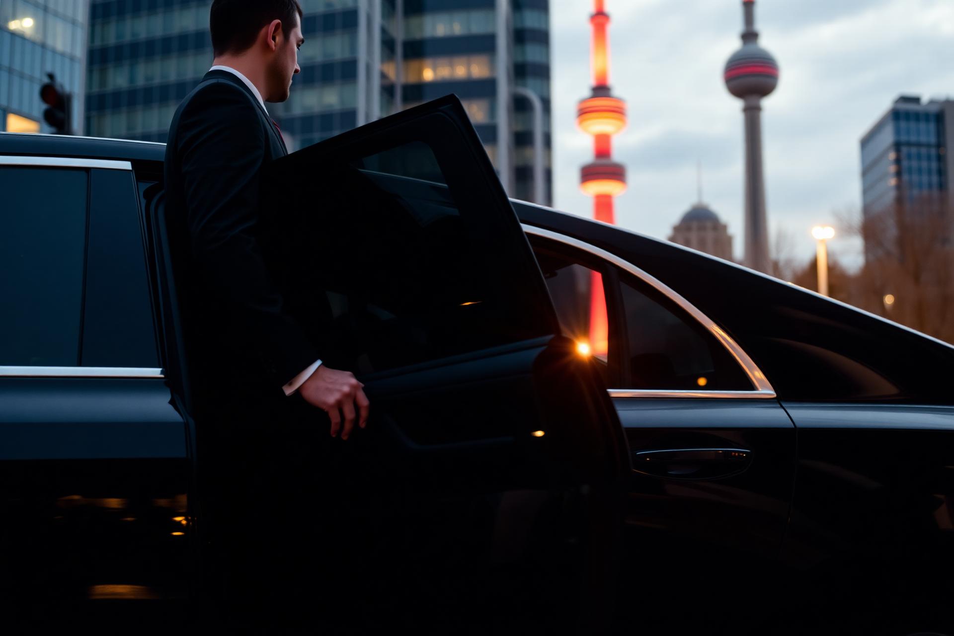 Chauffeur in a dark suit opening the rear door of a black executive sedan in downtown Toronto at dusk